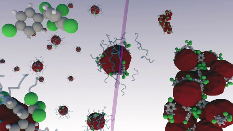 Nanopartikel, die durch Bestrahlung mit UV-Licht verklumpen, können zur Extraktion von Pestiziden, Arzneimittelrückständen und anderen Schadstoffen aus Wasser- und Bodenproben verwendet werden. (Bild: Nicolas Bertrand)