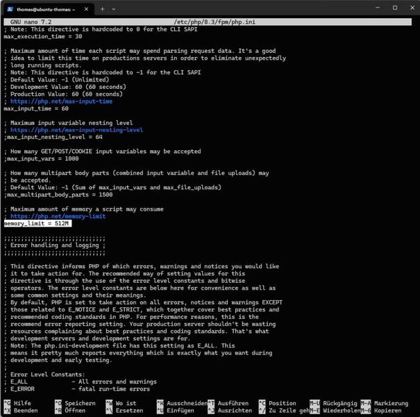 Konfigurieren des Memory-Limits für PHP auf einer Nextcloud-Installation. (Bild: Joos - Nextcloud)