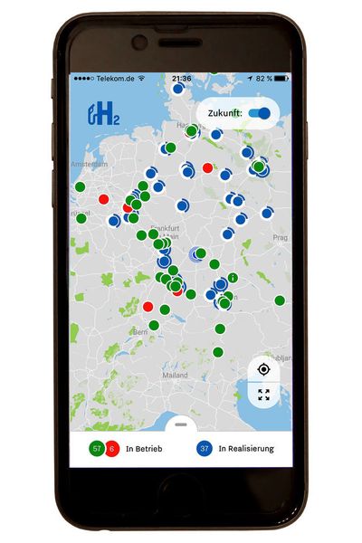 Außerdem kann man sich die im Aufbau befindlichen Stationen anzeigen lassen. (Schmidt/»kfz-betrieb, H2 Mobility)