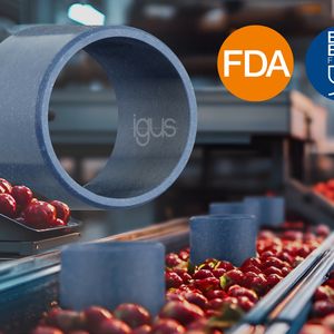 Iglidur A351 ist ein neues Bisphenol-freies und FDA-konformes Material. Es darf in Kontakt mit Lebensmitteln kommen, kann auf bis zu 180 Grad Celsius erhitzt werden ist beständig gegen Reinigungsmittel. (Bild:  Igus)