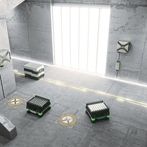 Soll sich ein mobiles System entlang einer Spur bewegen, kommt zur permanenten Energieversorgung das Linienleitersystem Movitrans line (oben) zum Einsatz. Bewegen sich die Fahrzeuge aber frei im Raum, bietet das Punktladesystem Movitrans spot mit Energiespeichern die nötige Freiheit.(Bild:  SEW-Eurodrive)