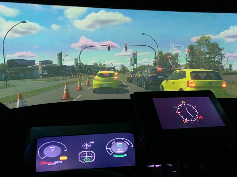 The cockpit view during a test drive in the simulator.(Source:  Uccello et al., IEEE OJITS 2026)