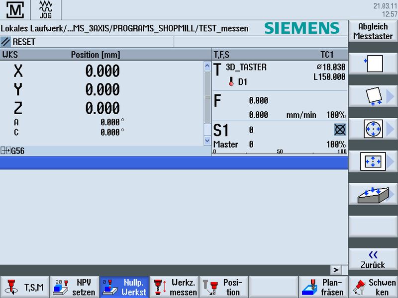 Über die Funktion „Messen in JOG“ ermittelt die Sinumerik-Steuerung via Messtaster die Nullpunkte des Werkstücks  und vereinfacht so die Ausrichtung. (Bild: Siemens)