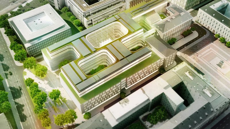 Die neue Konzernzentrale lässt sich  zu Fuß durchqueren und ermöglicht so den Durchgang zwischen der Münchner Altstadt und den Museen im Kunstareal der Maxvorstadt. Photovoltaikanlagen auf dem Dach, die Speicherung von Regenwasser im Gebäude zur Wasserversorgung sowie die Energiegewinnung aus der Bodenplatte sind Beispiele für den schonenden Umgang mit Ressourcen. (Siemens AG)
