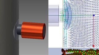 Strömungskanal mit Magnetspulen (links). Makroskopische Simulation des Magnetfeldes im Kanal (rechts oben) und mikroskopische Simulation der magnetischen Partikel (rechts unten). (Fraunhofer-Institut für Werkstoffmechanik IWM)
