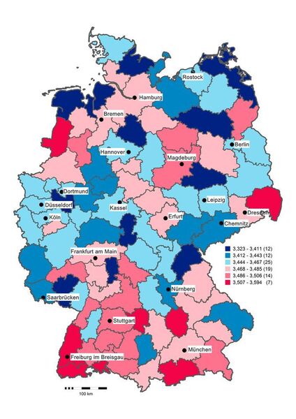 Psychologische Deutschlandkarte zum Merkmal Verträglichkeit (rote Werte: hoch, blaue Werte: niedrig). (Obschonka, Wyrwich, Fritsch, Gosling, Rentfrow, Potter)
