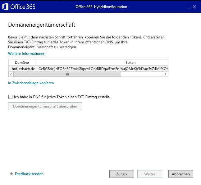Abbildung 6: Im Rahmen der Anbindung von Exchange an Office 365 wird auch die Domäneneigentümerschaft überprüft. (Bild: Joos)