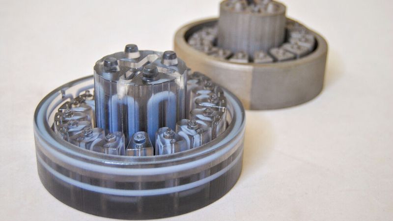 Right: Tool insert additively manufactured using DMLS; left: Polyjet model for visualising the internal cooling channels.(Source:  Speedpart)