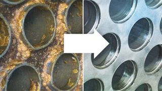 Vorher-Nachher-Bild: Alkalische Reiniger lösen die meisten organischen
Rückstände und fetthaltigen Verschmutzungen wie Öl, Fett, Ruß oder Wachs. (Bild: Keller & Bohacek)