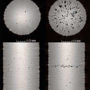 Schnittansicht (axial und transversal) durch das 3D-Volumen von Referenzprobe (links) und präparierter Probe (rechts).(Bild:  Visiconsult)