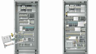 Abb. rechts: Vollständige Steuerung, aufgebaut mit einem LSC-System zur Schaltschrankverdrahtung, mit optimaler Raumausnutzung. Abb. links: Zum Vergleich die identische Steuerung, aufgebaut mit einer herkömmlichen Montagetafel, übrig bleiben die nicht platzierbaren Komponenten. (Archiv: Vogel Business Media)