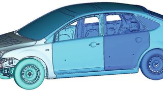 Bei einem in so genannte Rigid Bodys (Starrkörper) unterteilten Fahrzeugmodell lässt sich die Rechenzeit der Crashsimulation um etwa zehn Prozent verkürzen. (Tecosim)