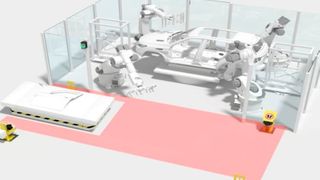 Der gesamte Übergabebereich (vorne) wird per Sicherheits-Laserscannern überwacht. Der Zugang oder die Anwesenheit von Personen werden erkannt, der Umriss des fahrerlosen Transportfahrzeugs bei der Durchfahrt dynamisch ausgeblendet. (Bild: Leuze Electronic)