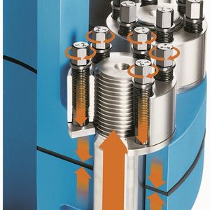 Beim Superbolt Spannsystem erzeugen viele kleine Druckschrauben die Kraft einer großen Schraube. Über die gehärtete Druckscheibe pressen sie die Bauteile zusammen.