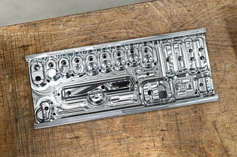 Auf der Acura 65 EL werden in der Nachtschicht und am  Wochenende mannlos wiederkehrende Normteile gefräst. Im Bild zu sehen:  verschachtelte  Verschleissteile für Spritzgusswerkzeuge. Diese werden im  weiteren Verlauf noch geschlichtet und  abschliessend  drahterodiert. (Bild: Hedelius)