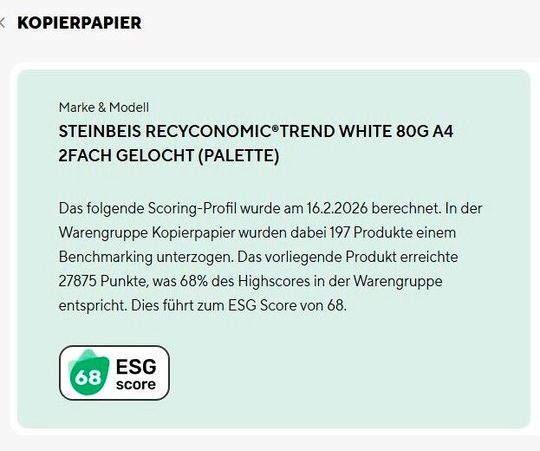 Hersteller sind eingeladen, die Nachhaltigkeitsdaten ihrer Produkte zu vervollständigen – bei Steinbeis Papier führte dies nach einem ursprünglichen ESG-Score von nur 68 Punkten zu einem deutlichen Anstieg.(Bild:  Gebäudemanagement Schleswig-Holstein AöR)