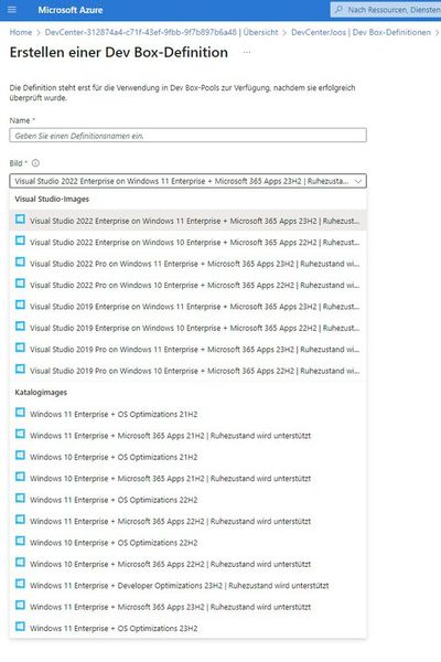 Auswählen der Images für die Bereitstellung von Dev Boxes. (Bild: Joos / Microsoft)