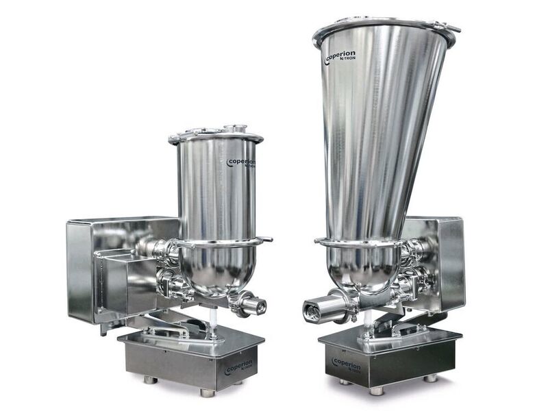 Coperion K-Tron’s new QT20 and QT35 pharmaceutical feeders with redesigned trapezoid scale shape and significantly smaller footprint are optimized for multi-feeder clusters around a process inlet. (Coperion K-Tron)