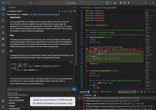 Polyspace as You Code in VS Code markiert eine Division durch Null. Polyspace Copilot schlägt eine Korrektur im C‑Code vor.(Bild:  Mathworks)