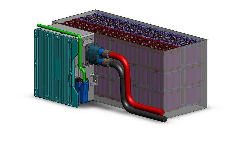 Das Batteriemanagementsystem an einer 450-Volt-Batterie für Arbeitsmaschinen:  Sensor-Technik Wiedemann hat das BMS speziell für Arbeitsmaschinen entwickelt.  Bild: STW (Archiv: Vogel Business Media)