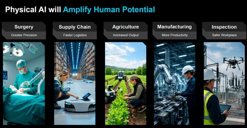 Physical AI soll den Einsatz von Robotern in einer ganzen Reihe von Einsatzbereichen optimieren: Gesundheitswesen, Logistik, Landwirtschaft, Produktion und Instandhaltung. (Bild: AMD)