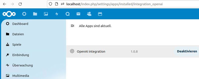 Die Einbindung der KI-Funktionen in Nextcloud erfolgt über die neue OpenAI integration-App. (Bild: Joos - Nextcloud)