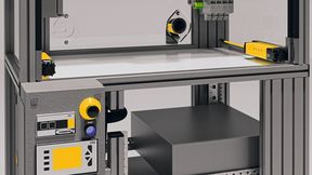 Die Sicherheitszuhaltung PSENmlock mini von Pilz ist im Endausbau des Prüfstands komplett im Profilrahmen integriert. Damit ist der Bedien- und Arbeitsbereich frei von störenden Geräten und Bauteilen.

 (Bild: testFAC42)