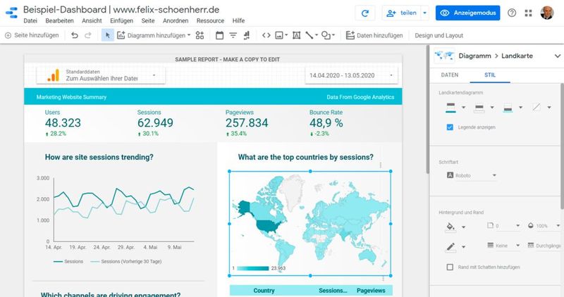 Beispielansicht des Editors in Google Data Studio.