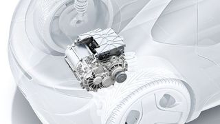 Bosch hat aus drei Antriebsteilen eins gemacht. Motor, Leistungselektronik und Getriebe sind kompakt kombiniert und treiben unmittelbar die Achse des Autos an. (Bosch)