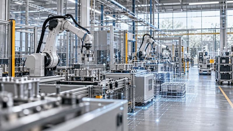 Räumliche KI in der Fabrik: Spatial AI verknüpft Sensordaten mit dreidimensionalen Umgebungsmodellen und soll so Maschinen, Robotern und Automatisierungssystemen helfen, Produktionsabläufe besser zu verstehen.(Bild:  KI-generiert)