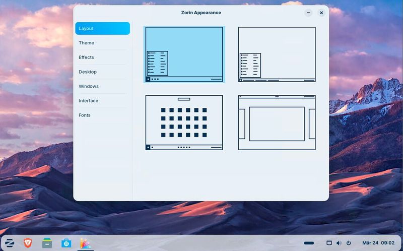 Zorin OS bietet im Bedienfeld Appearance verschiedene Layout-Varianten und ähnelt in der Standardansicht dem Aufbau klassischer Windows-Oberflächen. (Bild: Joos)