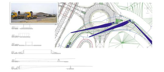 (AutoTurn Pro unterstützt die Planung des Transports von Windkraftanlagen mit zahlreichen Funktionen. Bild: Transoft Solutions)