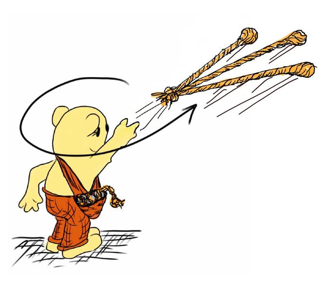 Fig. 2: South American cattle herders threw the bola between the hind legs of deserted cattle. The entanglement caused them to fall. The bola usually has two to three weights, the rope ends of which are connected in the center. (Image:Mattheck)