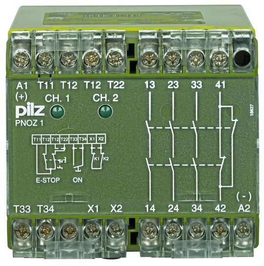 1987 entwickelte Pilz das erste Not-Aus-Schaltgerät zum Schutz von Mensch und Maschine. Die Sicherheitsschaltgeräte Pnoz bewähren sich seitdem täglich millionenfach im Einsatz, und das weltweit. Damit war ein Meilenstein in der Sicherheitstechnik gesetzt. Die Marke Pnoz steht heute als Synonym für Sicherheitsschaltgeräte.(Bild:  Pilz GmbH & Co. KG)