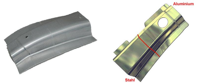 Bild 2: Aus 300 x 220 mm großen Platinen 1,2 bzw. 1,5 mm Dicke entstehen mit Schweißgeschwindigkeiten von 78 cm/min nach dem Umformen Musterstücke schweißgelöteteter PKW-Dachrahmen.  (Bild: Fronius)