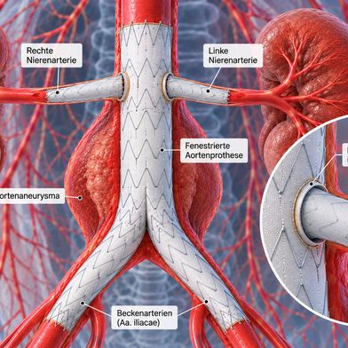 Fenestrierte Aortenprothese: Gedeckte Verbindungsstents wie der VBX führen von den Öffnungen der Prothese in die Nierenarterien (Bild: Redaktion Devicemed; KI-generiertes Symbolbild)