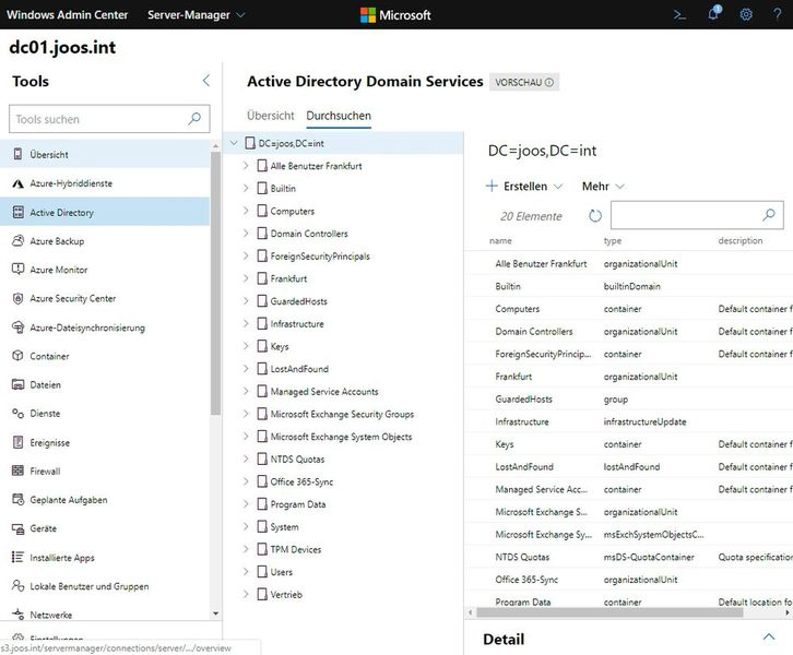 Active Directory kann auch im Windows Admin Center verwaltet werden. Hier sind die Funktionen aber noch sehr eingeschränkt. (Bild: Microsoft / Joos)