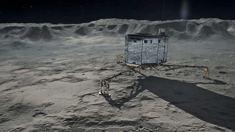 Philae auf dem Kometen. Der Komet Churyumov-Gerasimenko ist ein Objekt aus dem Kuiper-Edgeworth-Gürtel, einer ringförmigen Region in unserem Sonnensystem außerhalb des Neptunorbits. Er bewegt sich auf einer elliptischen Bahn zwischen Jupiter und Erde um die Sonne und gehört damit zur Jupiter-Familie. (Bild: DLR)