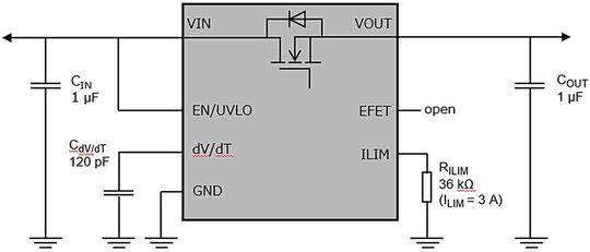 Bild 1:  Beispiel für eine Anwendungsschaltung mit eFuse-Schutz.(Bild:  Toshiba)