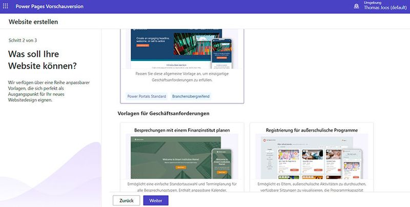 Mit zahlreichen Vorlagen können Webseiten in Power Pages sehr schnell und gleichzeitig sicher erstellt werden.  (Bild: Joos)