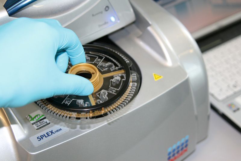 Abb. 3: Halter mit vier Lab-Disk-Segmenten, der in einen Standard-PCR-Thermocycler eingelegt wird. (Bild: HSG-IMIT)