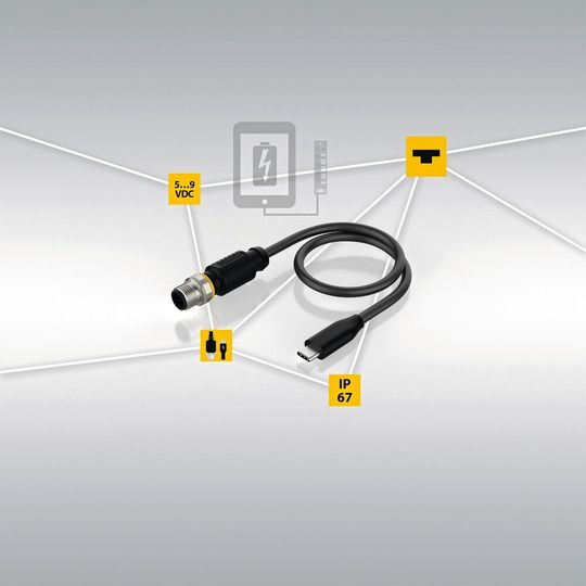Mobile Endgeräte direkt an der M12-Buchse laden: Turcks M12-USB-Ladekabel machts möglich.(Bild:  Turck GmbH)