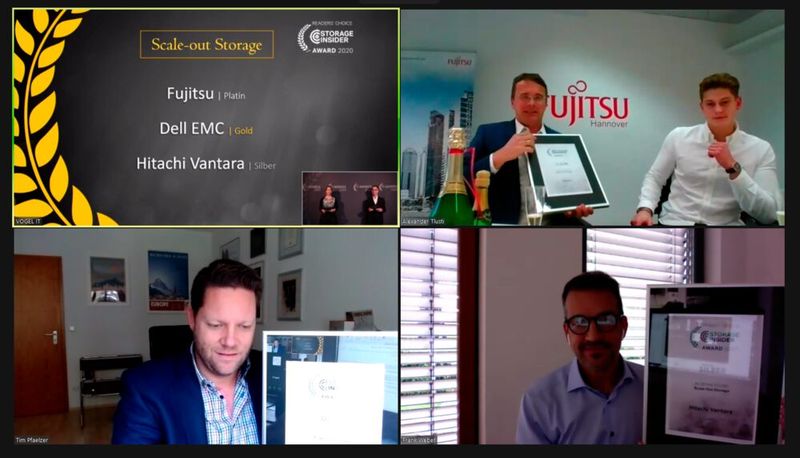 Den Abschluss machte die Kategorie „Scale-Out Storage“, in der Fujitsu (Platin, vertreten durch Alexander Tlusti, o.r.), Dell EMC (Gold, vertreten durch Tim Pfaelzer, u.l.) und Hitachi Vantara (Silber, vertreten durch Frank Weber, u.r.) die Awards gewannen. (Bild: Vogel IT-Medien)