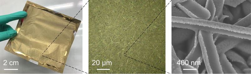 The gold nanomesh at different magnifications. The individual fibers are around one-five-hundredth the thickness of human hair. 