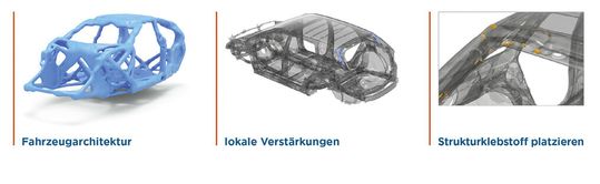 (Bild 1: Die neuen Altair Prozesse vereinfachen die strategische Anwendung der Topologie-Optimierung für globale Architekturkonzepte, lokale Verstärkungen und den effizienten Einsatz von Strukturklebstoffen. Bild: Altair)