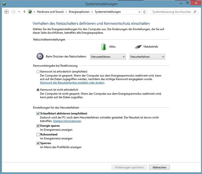 Abbildung 4: BORM hat Probleme mit dem Windows 8.1-Schnellstart. Diesen können Administratoren für Testzwecke in den Energieeinstellungen aber deaktivieren. (Bild: Joos)