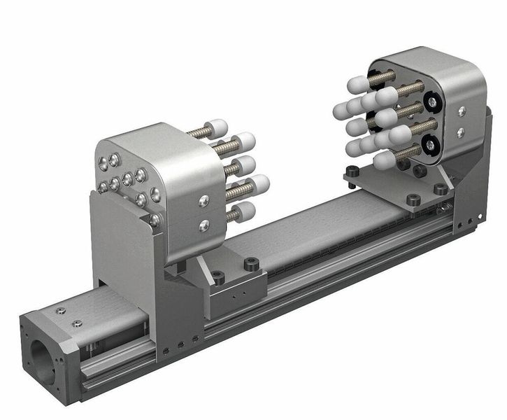 Einfacher Aufbau einer Greifereinheit in paarweiser Anordnung und der THK-Linearachse KR-RL mit Rechts-/Linksgewinde. (Bild: THK)
