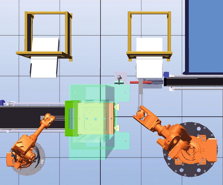 Bild 2: Im Notbetrieb stehen sich nicht zwei Roboter an der relativ kleinen Presse gegenüber, sondern ein Schmied arbeitet dann mit dem Roboter auf engstem Raum zusammen. (Bild: Indat)