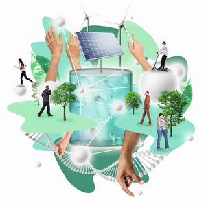 2. Szenario: Nachhaltigkeits-Paradigma  Nachhaltigkeit hat sich als bestimmendes Wirtschaftsprinzip durchgesetzt. Biotechnologie ist so weit entwickelt, dass sich viele Chemikalien von modifizierten Mikroben aus Biomasse herstellen lassen. Erneuerbare Energien sind so günstig, dass sie andere Energieträger in Verkehr und Industrie abgelöst haben. Folgen: Beschaffung von Biomasse wie Holz, Stroh oder Algen wird wichtiger Es kommt verstärkt zu Dezentralisierung: Chemieunternehmen integrieren sich in die Land-, Forst- oder Algenwirtschaft, um die Rohstoffversorgung zu sichern; Anlagen rücken näher an Energiequellen.  Weitere Informationen zu den fünf Szenarien finden Sie auf der Homepage von Evonik.(Illustrationen: Dave Hänggi für Evonik)