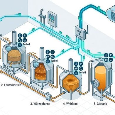 Vernetzte Inline-Messtechnik im Sudhaus erfasst kontinuierlich alle prozessrelevanten Parameter und überträgt sie in Echtzeit an Leitsysteme und Cloud-Plattformen – die Basis für mehr Effizienz, Qualität und Nachhaltigkeit im modernen Brauprozess. (Bild: Gemini 3.1 Flash Image / KI-generiert)
